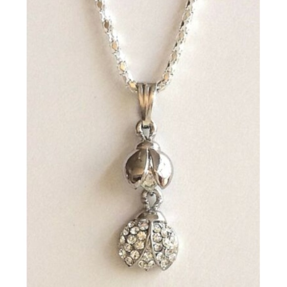 Silver Crystal Ladybug Necklace 20" Insect Mom & Baby Bugs Silver Plated - Picture 1 of 8
